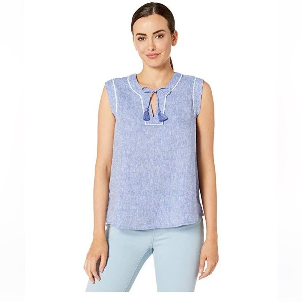 Vineyard Vines Linen Blue Notch Neck Tassel Popover